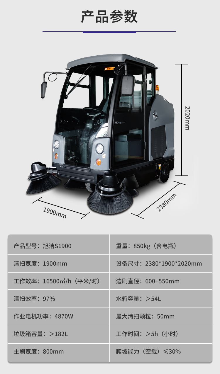 ayx体育app官网S1900驾驶式扫地车规格尺寸和性能参数